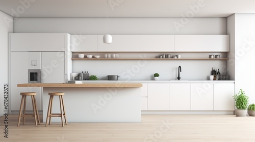 a modern  high-quality kitchen interior with a clean  minimalist design. The image features an empty area suitable for adding text or graphics  making it ideal for various creative purposes.