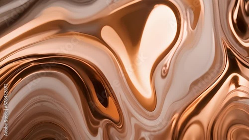 Closeup metallic copper bronze paints being layered swirled, creating beautiful rich marbled pattern.