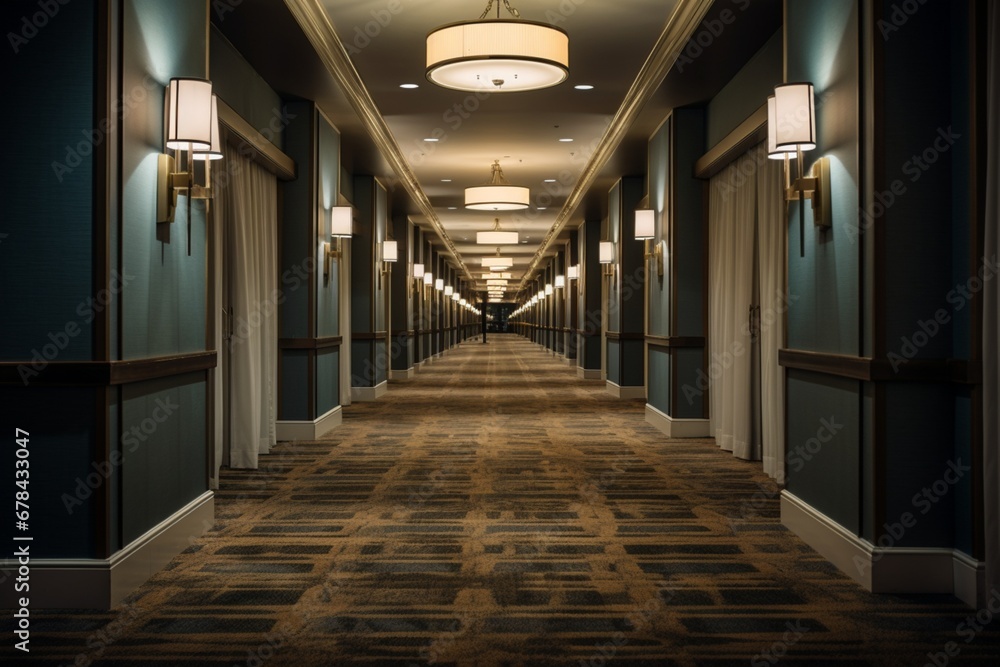 a luxurious hotel corridor, featuring elegant lighting, plush carpeting, and exquisite artwork adorning the walls.
