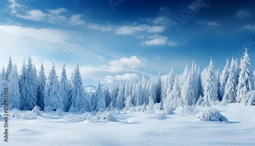 Enchanting winter wonderland with glistening snow covered fir branches and delicate snowfall