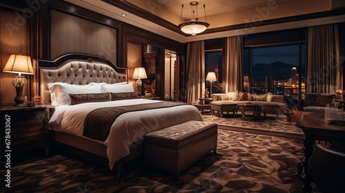 An HD photograph of a luxurious hotel room with elegant furnishings, including a plush bed, tasteful decor, and soft ambient lighting. The room exudes opulence and comfort. © ZUBI CREATIONS