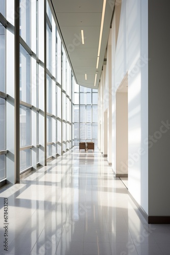 a well-lit corridor in a modern building, with clean lines, contemporary decor, and large windows providing a view of the outside. The design emphasizes simplicity and elegance.