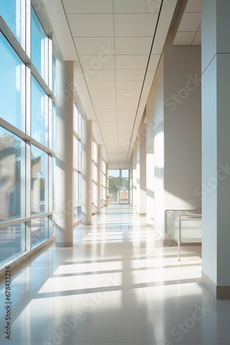 a well-lit corridor in a modern building  with clean lines  contemporary decor  and large windows providing a view of the outside. The design emphasizes simplicity and elegance.