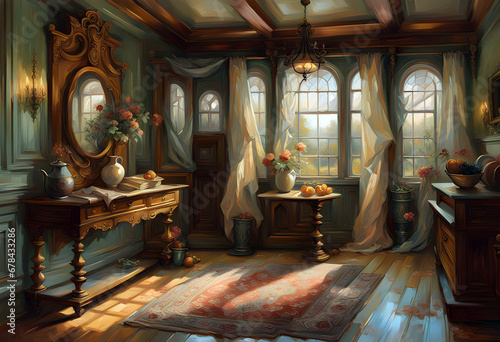 the interior of a old fashioned room with ornate furniture with sunlight reflected on the floor