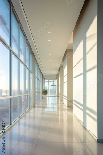 a well-lit corridor in a modern building, with clean lines, contemporary decor, and large windows providing a view of the outside. The design emphasizes simplicity and elegance.