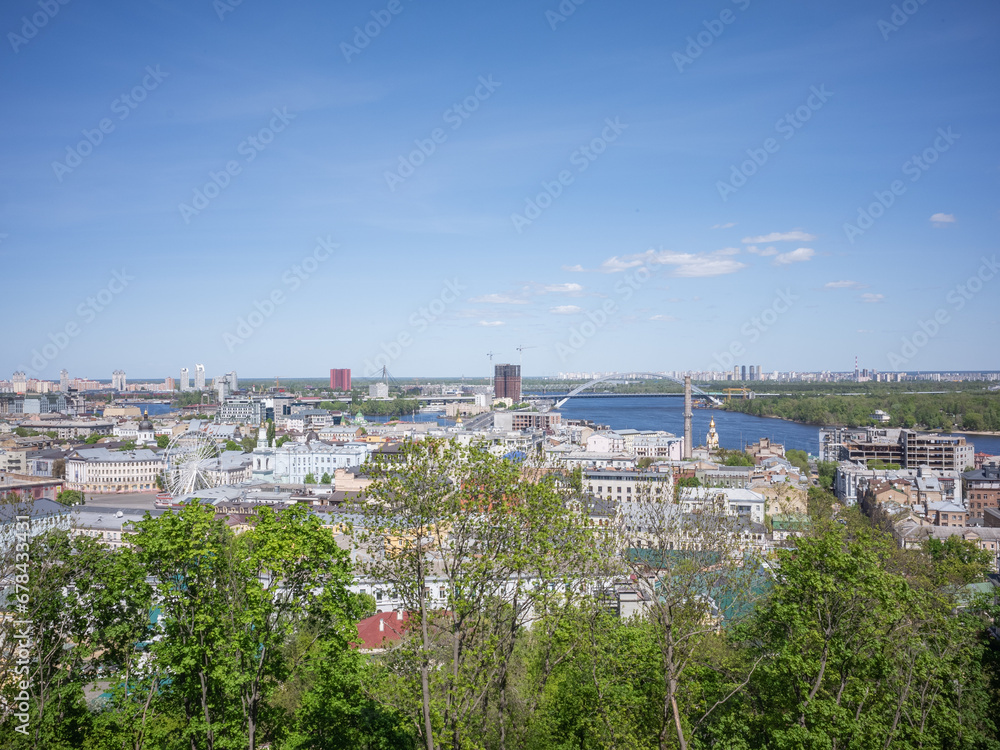 scenery of old city podil in a sunny day seen from observation deck in capital kyiv