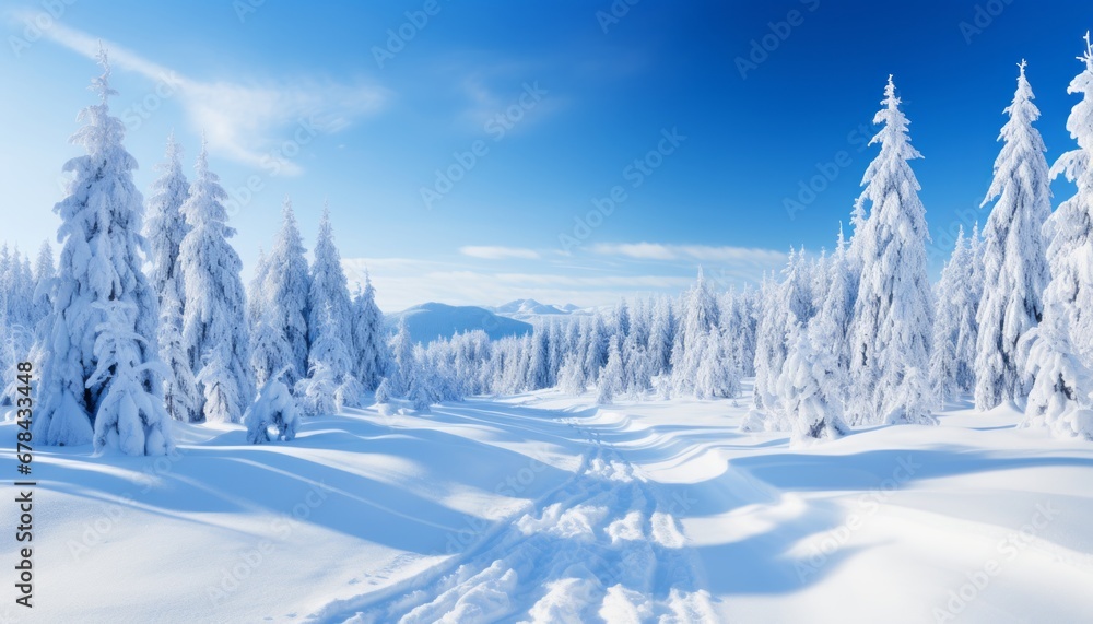 Captivating winter wonderland mesmerizing snowfall in panoramic snow covered fir branches scene