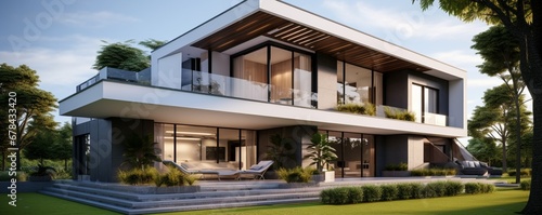 a contemporary two-story house with an angular roof and balcony, surrounded by a front yard featuring artificial grass with a clean design and boundary decoration.