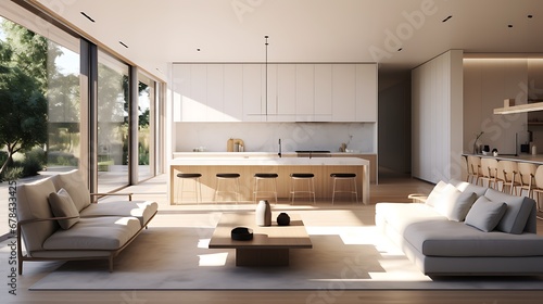 A modern minimalist home interior design with clean lines, sleek furniture, and neutral color palette, featuring an open-concept living space connected to a spacious kitchen, bathed in natural light