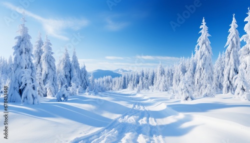 Captivating winter wonderland mesmerizing snowfall in panoramic snow covered fir branches scene © Ilja