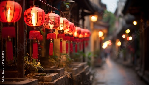 Vibrant chinese new year street with red lanterns, showcasing festive atmosphere and joy