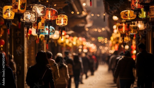 Festive chinese new year street with red lanterns, vibrant colors, and lively atmosphere © Ilja