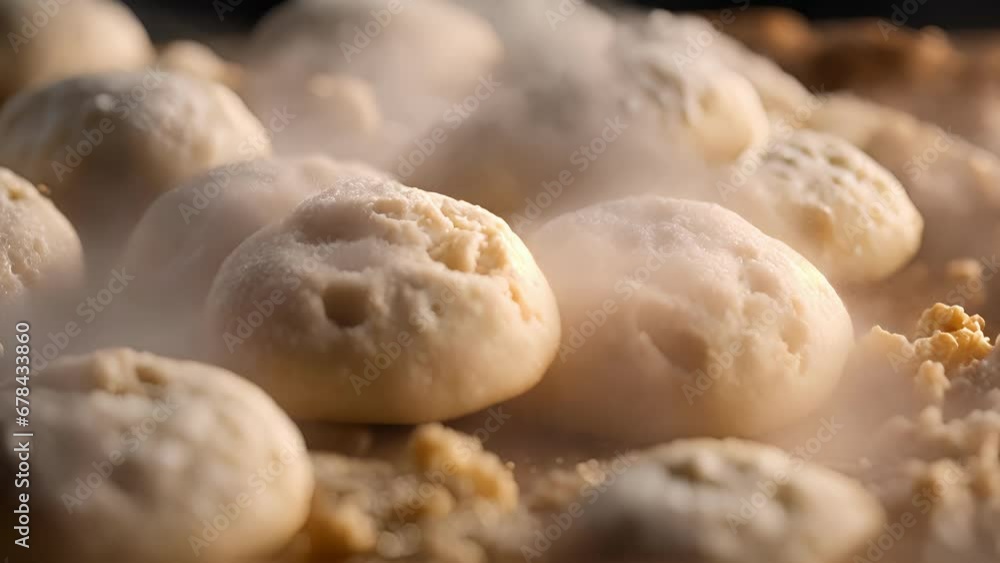 Closeup dough rising warm, humid environment, with steam visibly forming surface. Closeup dough rising warm, humid environment, with steam visibly forming surface.