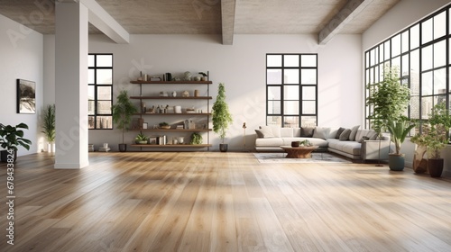 the spacious interior of a modern contemporary loft with a wooden floor adorned with potted plants. The image conveys the serene and high-quality ambiance of the room. photo