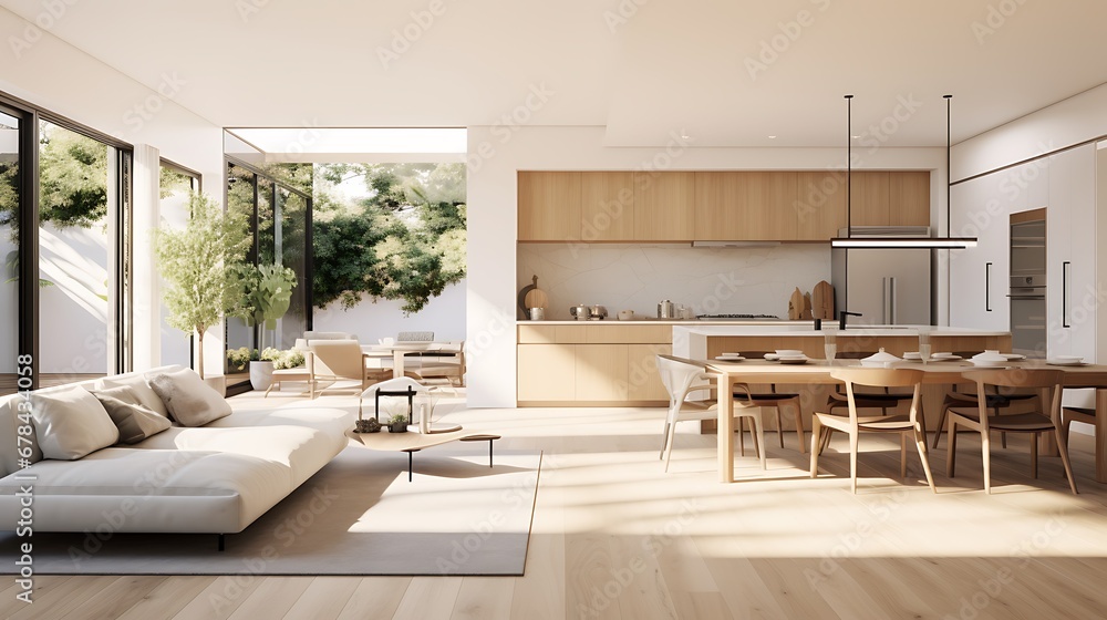 A modern minimalist home interior design with clean lines, sleek furniture, and neutral color palette, featuring an open-concept living space connected to a spacious kitchen, bathed in natural light A modern minimalist home interior design with clean lines, sleek furniture, and neutral color palette, featuring an open-concept living space connected to a spacious kitchen, bathed in natural light