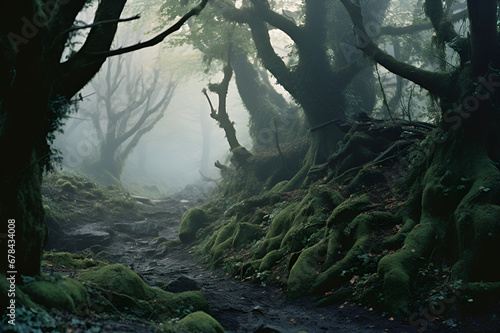 green mossy ground, in the style of misty gothic, national geographic photo, atmospheric installations, mori kei, british topographical, medieval fantasy, romanticized depictions of wilderness --ar 12 © Sebastian