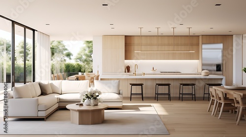 A modern minimalist home interior design with clean lines  sleek furniture  and neutral color palette  featuring an open-concept living space connected to a spacious kitchen  bathed in natural light