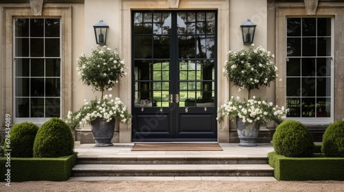 the designer entrance door of a modern country house, featuring a luxurious exterior and a stunning backside garden. 