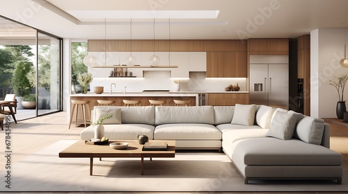 A modern minimalist home interior design with clean lines, sleek furniture, and neutral color palette, featuring an open-concept living space connected to a spacious kitchen, bathed in natural light