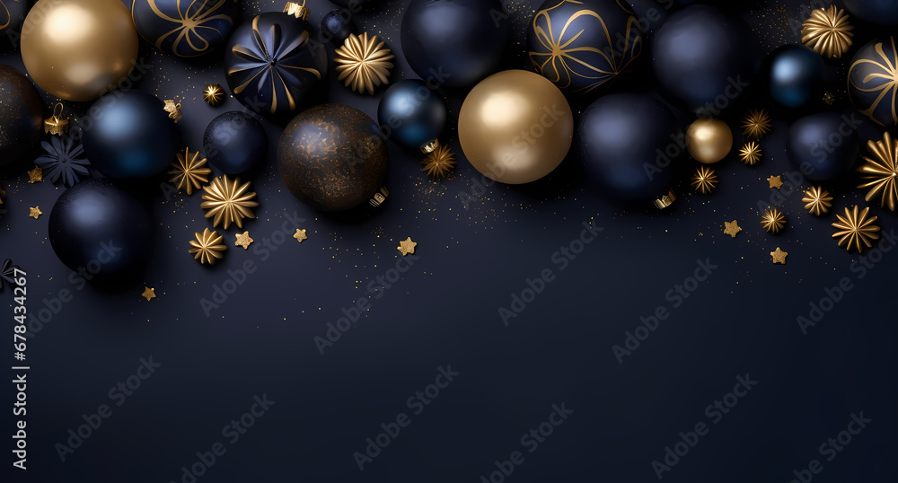 christmas background with gold and blue ornaments, in the style of dark navy and dark indigo, modern, captivating christmas background with gold and blue ornaments, in the style of dark navy and dark indigo, modern, captivating