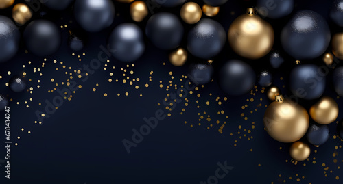 a background of christmas balls on a dark blue background, in the style of dark navy and light gold, modern, photorealistic compositions, dark gray and dark black, minimalist backgrounds