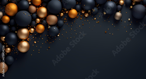 christmas background with gold and orange balls on a dark background, in the style of dark navy and light indigo, dark black and dark beige, hyperrealistic details