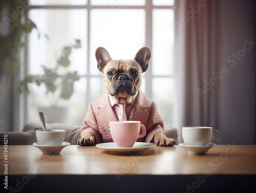 Bulldog drinking morning coffee from cup at home. AI generated.