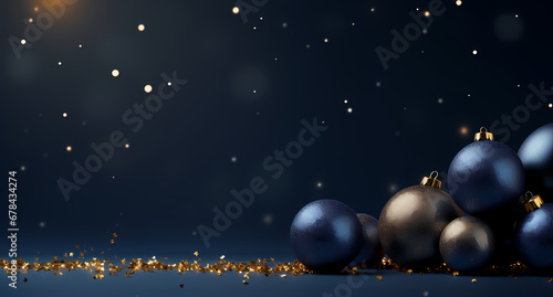 christmas balls, lights, banners, christmas tree background with gold glitter, in the style of dark navy and dark azure, elegant © Milito