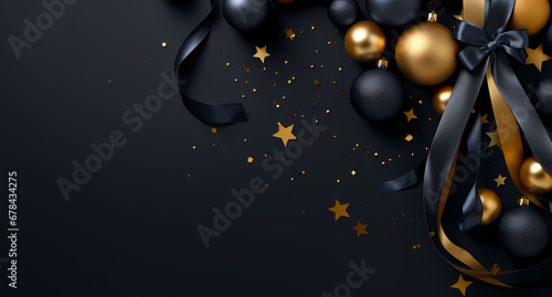 christmas gold on dark background with gold balls, stars and bows, in the style of dark navy and light indigo, modern and sleek, dark gray and dark black, hyperrealistic details photo