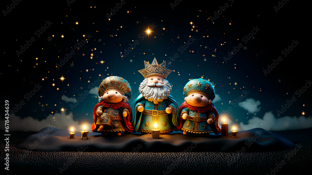 ilustración de los tres reyes magos y la estrella de belén  - obrazy, fototapety, plakaty 