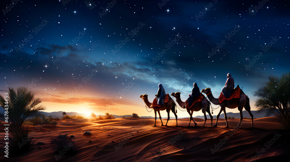 saludo de tres reyes magos viajando en camellos, con un cielo estrellado  - obrazy, fototapety, plakaty 