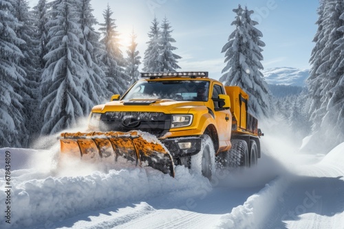 Versatile snow plow pickup trucks equipped for efficient snow removal in winter weather conditions