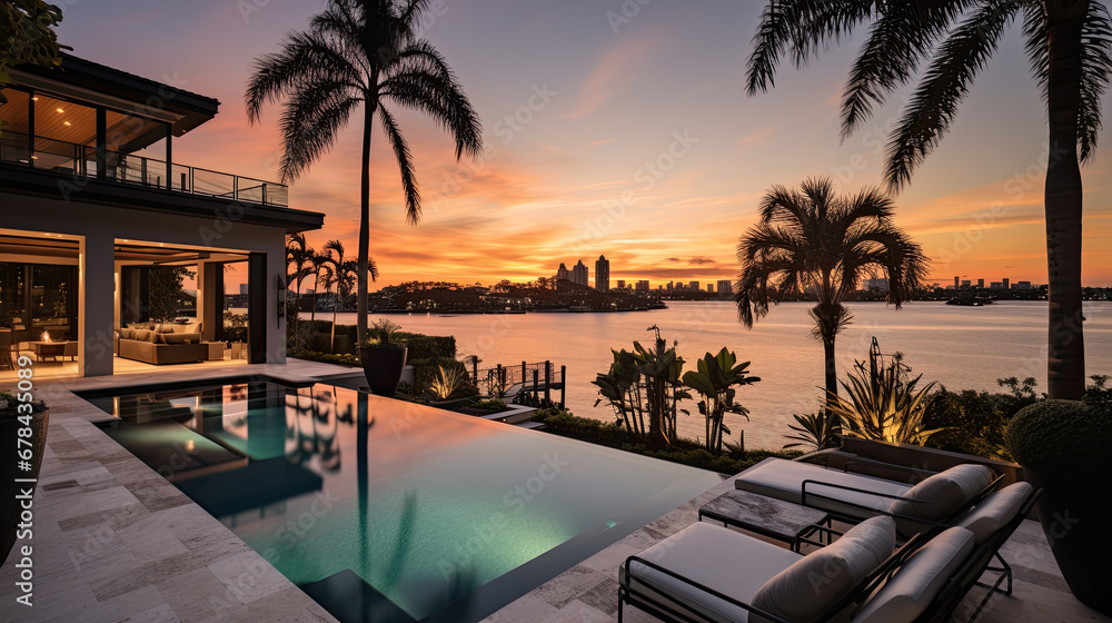A terrace with a pool of a luxurious villa in front of a sea. The sun is setting in the background.