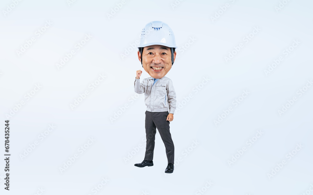 ガッツポーズする中年男性作業員の三頭身デフォルメキャラクター ガッツポーズする中年男性作業員の三頭身デフォルメキャラクター
