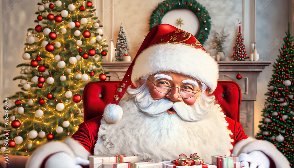  Święty Mikołaj siedzący przy stole z prezentami. W tle choinka i kominek - obrazy, fototapety, plakaty 