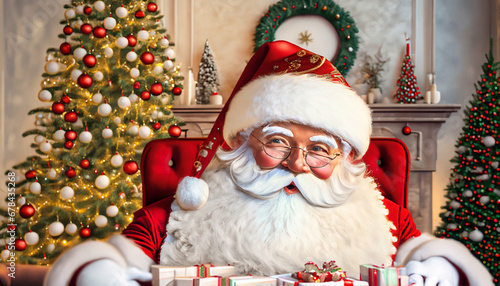  Święty Mikołaj siedzący przy stole z prezentami. W tle choinka i kominek