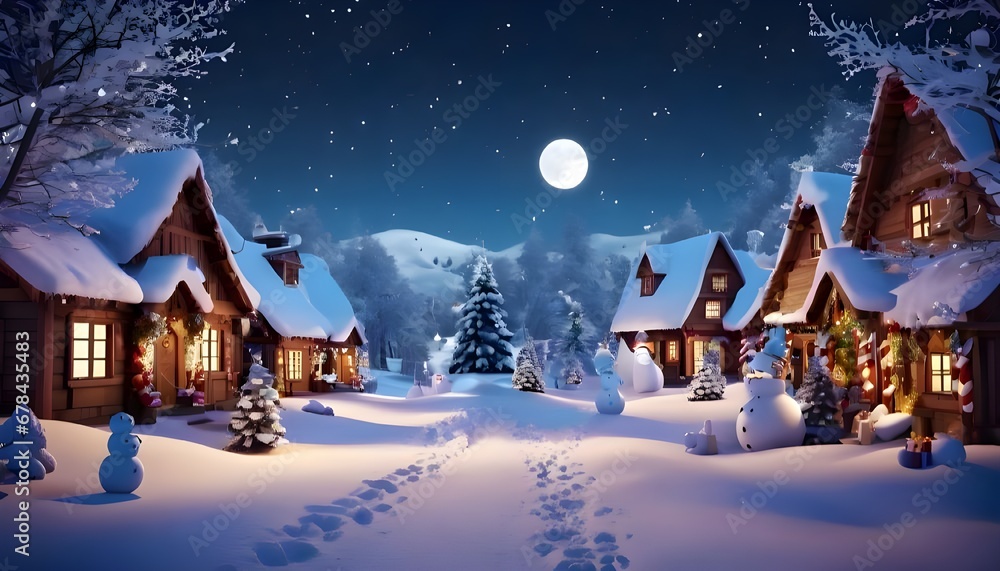 Snowman in village at christmas night. 3D illustration. Winter background. Merry Christmas and New Year concept.