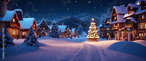 Snowman in village at christmas night. 3D illustration. Winter background. Merry Christmas and New Year concept.