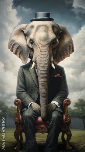 Elegant Elephant in a Top Hat Gracefully Seated on a Regal Chair Generative AI