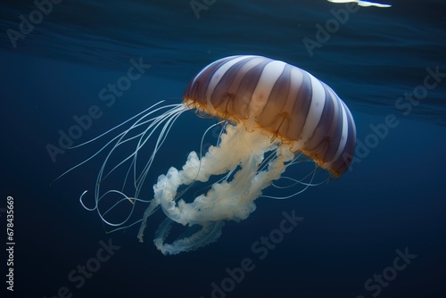 Diplulmaris Antarctica, Rare jellyfish close-up, dark background. AI generated. photo