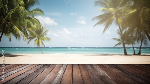 Dark wood floor top on blur tropical beach background  Advertisement  Print media  Illustration  Banner  for website  copy space  for word  template  presentation