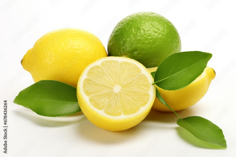 Close up of a vibrant green lemon with fresh leaves, isolated on a clean white background Close up of a vibrant green lemon with fresh leaves, isolated on a clean white background
