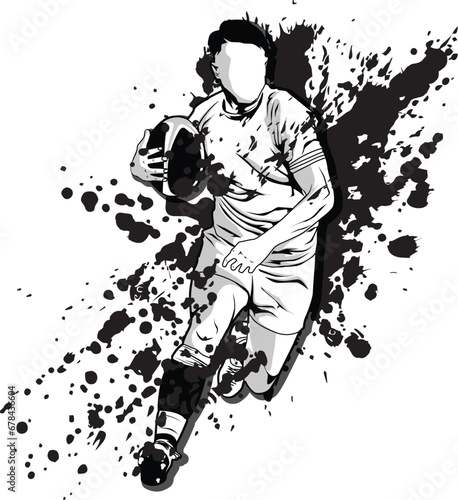 rugby player run vector silhouette illustration black and white sport art splash design