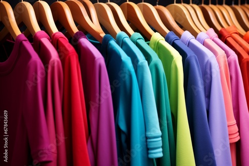 Colorful and trendy assortment of fashion clothes on clothing rack in a stylish closet