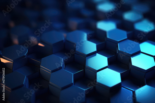 Hexagonal geometric ultra wide background. Abstract blue of futuristic. Sci fi banner, cover. 3d render illustration. photo