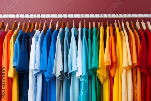 Fashionable and trendy collection of clothes on colorful clothing rack in stylish closet