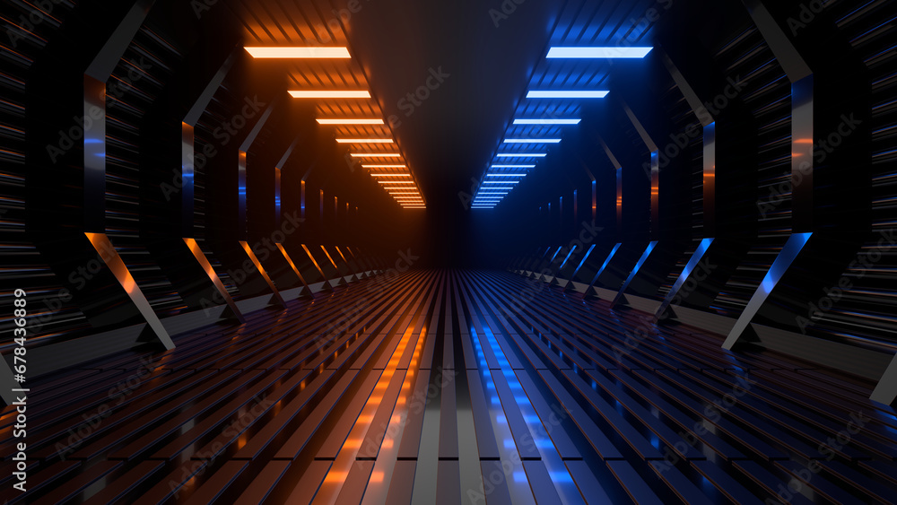 Obraz premium Sci Fi neon glowing lines in a dark tunnel. Reflections on the floor and ceiling. 3d rendering image. Abstract glowing lines. Technology futuristic background.