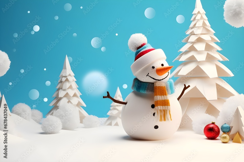 Fototapeta premium Christmas blue background with white snowman