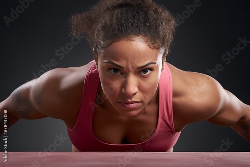 Athletic woman engaging in running and strength training in a studio on a solid background