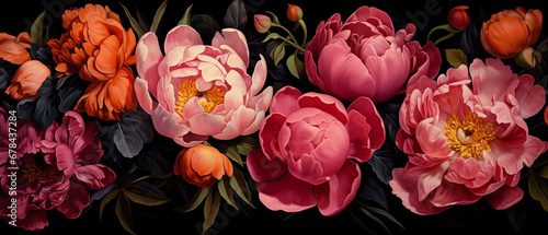 Painterly image of colorful peonies. Rococo style and chiaroscuro lighting. Vibrant resource background and wallpaper.